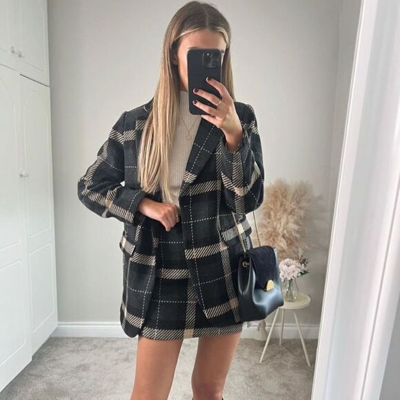 Plaid Blazer Jacket H&M Wool Blend Oversized New - Picture 4 of 12